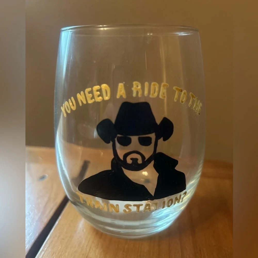 20 oz Stemless wine glass Rip Wheeler Train Station NEW hand painted
